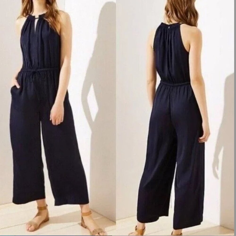 LOFT Navy Silky Halter Neckline Jumpsuit